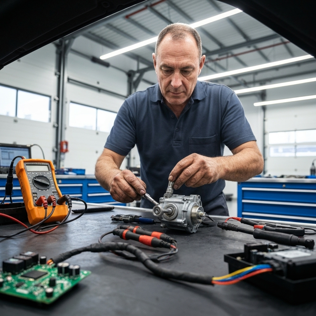 Automotive technician repairing car ignition switch with diagnostic tools in Dubai