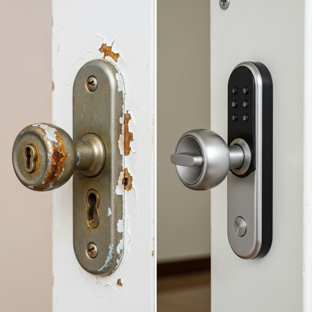 Door lock change process showing old and new locks