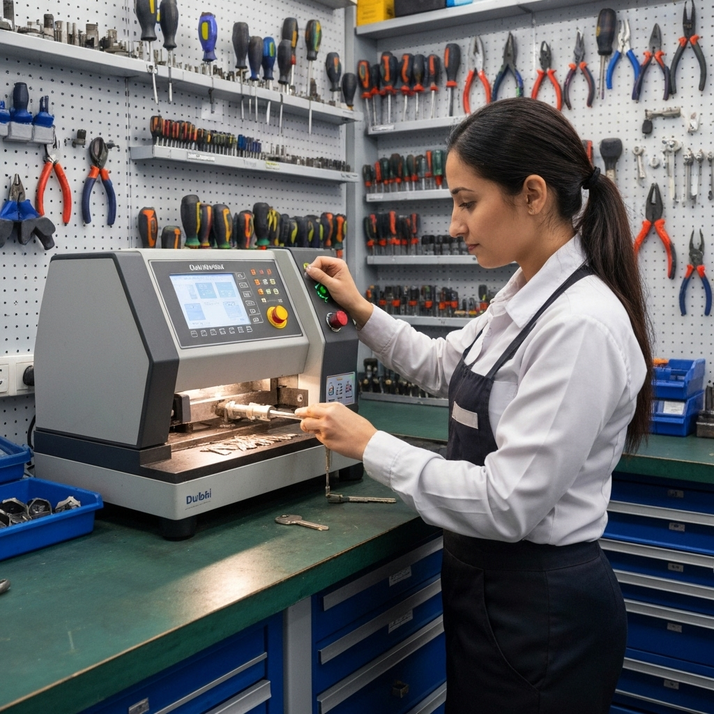 Professional key cutting machine duplicating commercial keys in Dubai