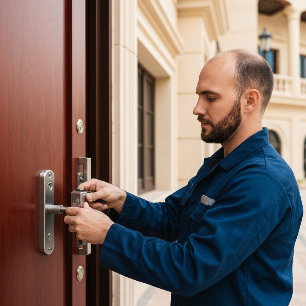 Professional locksmith installing deadbolt lock on Dubai home