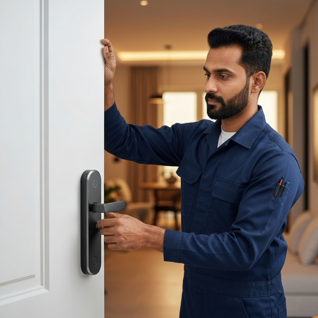 Professional residential locksmith installing smart lock in Dubai home